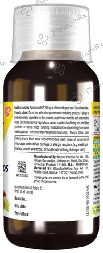 Crocin 240mg DS Suspension Mixed Fruit Flavour 100ml