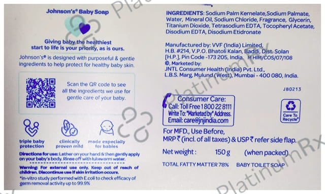 Johnson's Baby Soap with Naturally Derived Glycerin Mild Soap 150gm