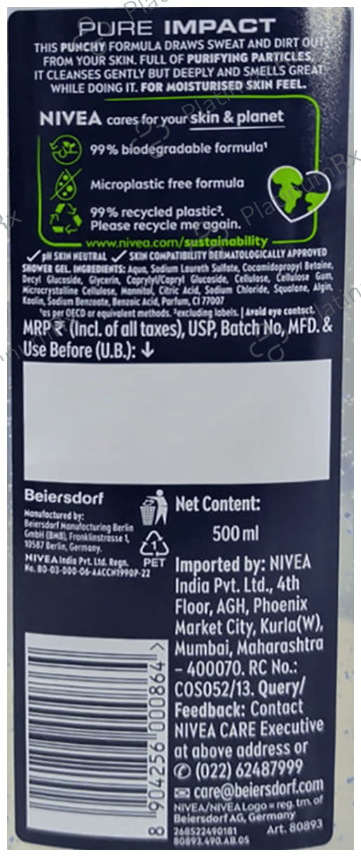 Nivea Men Shower Gel for Body, Skin & Hair - Pure Impact 500 ml