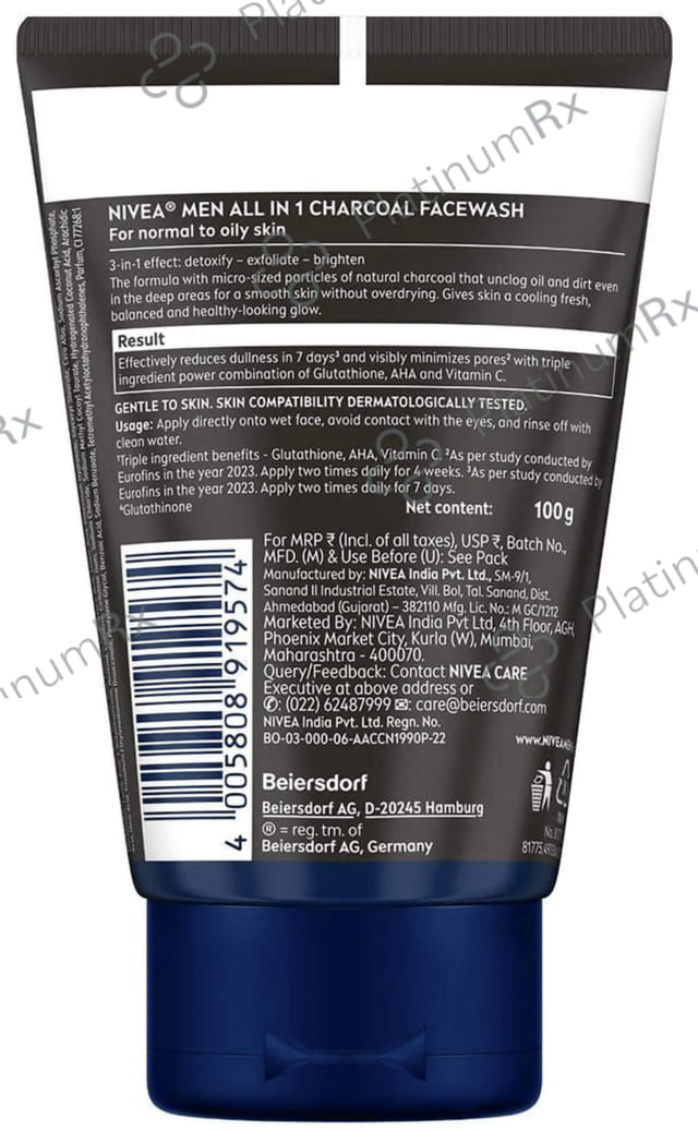 Nivea Men Face Wash-All in 1 Charcoal to Detoxify & Refresh Skin with 10x Vitamin C Effect 100 gm