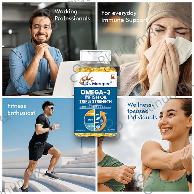 Dr. Morepen Triple Strength Omega 3 Fish Oil 1250mg - Softgel for Heart, Brain & Joints 60 Soft Gelatin Capsule