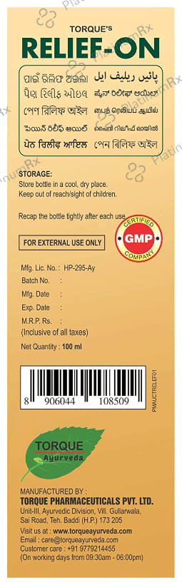 Torque's Relief-On Pain Relief Oil (100ml Each) 1 Bottle