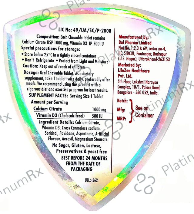 Tuskca Calcium with Vitamin D3 (500 IU) - Sugar Free - Flavour Mixed Fruit Chewable Tablet