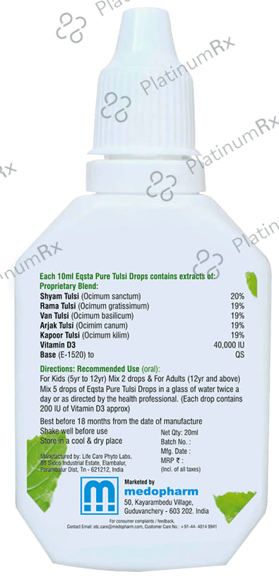 Eqsta Pure Tulsi Drop with Vitamin D3 with Health Book Free