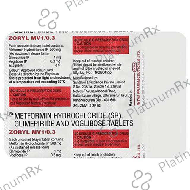 Zoryl MV 1/500/0.3mg Tablet SR 10s