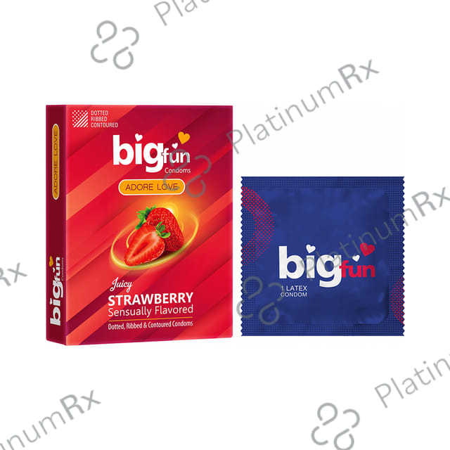 Bigfun Dotted, Ribbed & Contoured Juicy Strawberry Flavour Condom 3s