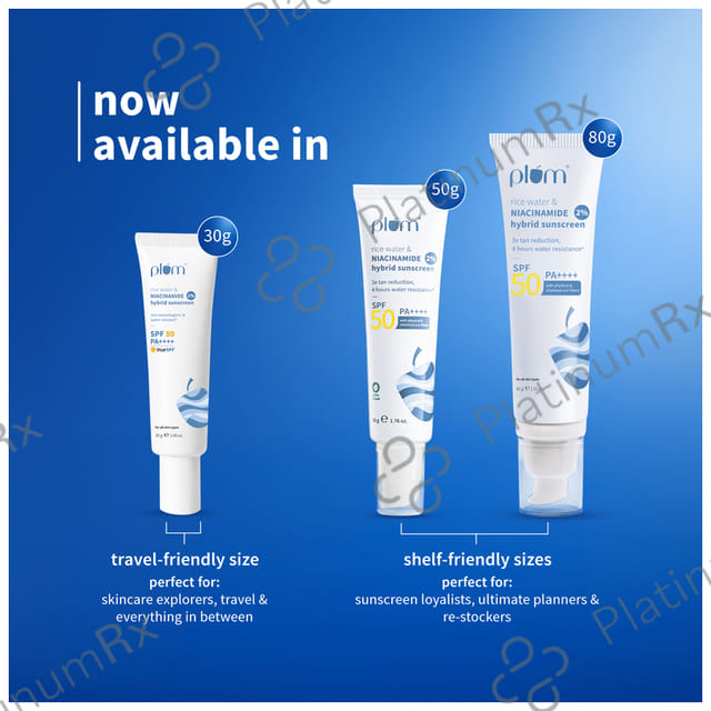 Plum 2% Niacinamide & Rice Water Hybrid Face Sunscreen SPF 50 PA+++ Cream 50 gm