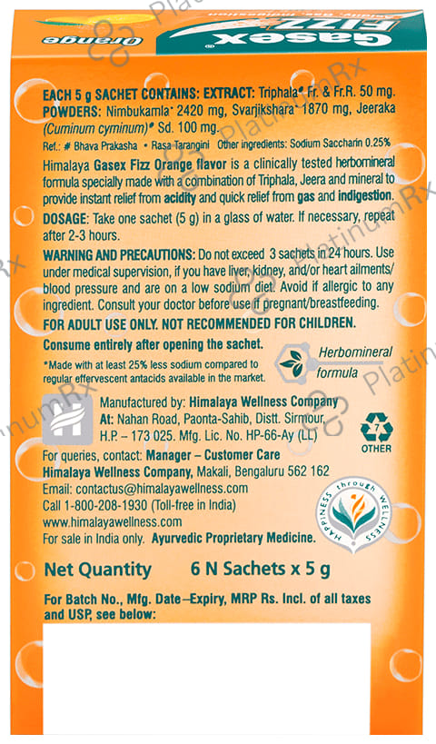 Himalaya Gasex Fizz - - Digestive Wellness- Provides Relief from Acidity & Gas (5gm Each) Orange 6 Sachets