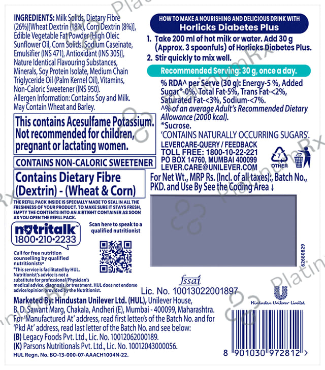 Horlicks Diabetes Plus for Blood Sugar & Weight Management - No Added Sugar - Flavour Vanilla Powder