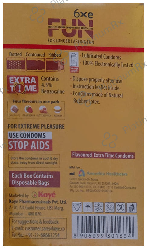 K&H 6xe Fun Multi- Textured Condom With Benzocaine (Extra Time)
