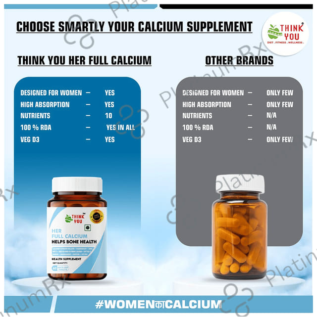 Think You Her Full Calcium Tablet For Women with Calcium & D3, Magnesium, Zinc, B12, & K2-7 (60 Each) 1 Bottle