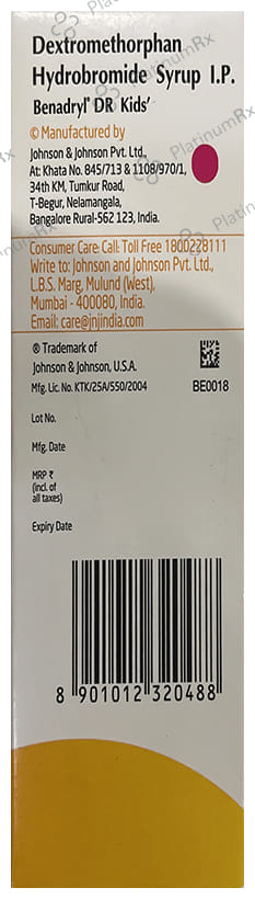 Benadryl DR Kids Syrup Mixed fruit flavour Alcohol Free 100ml