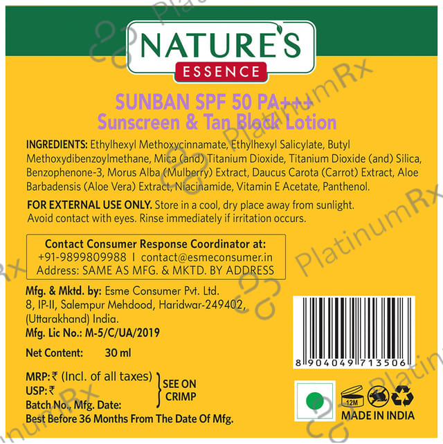 Nature's Essence Sunban Sunscreen & Tan Block SPF 50 PA+++ Lotion 30 ml
