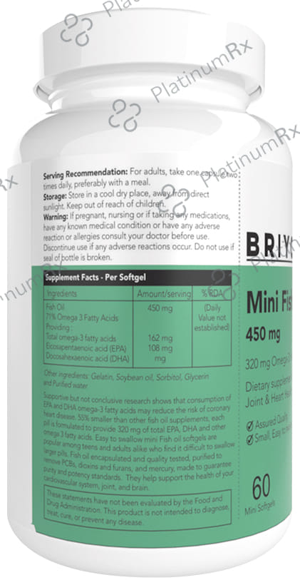 Briyo Mini Fish Oil 450mg, 320mg Omega 3 Mini Capsule for Brain, Joint and Heart Health