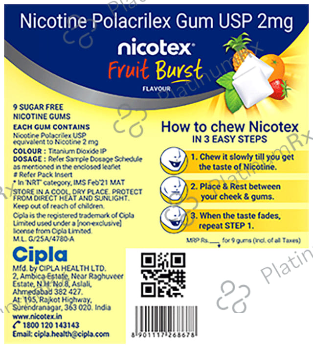 Nicotex 2mg Fruit Burst Flavour Gums 9s