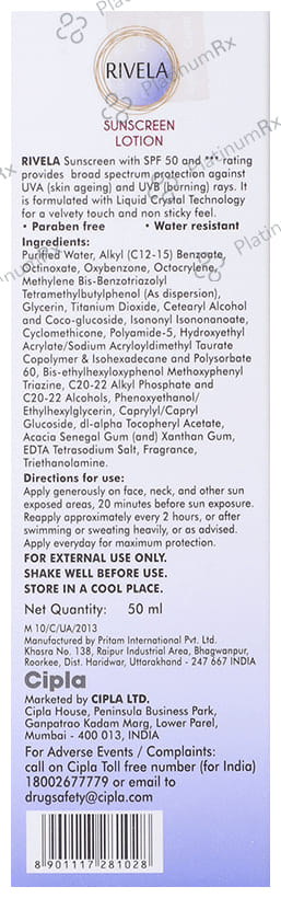 Rivela Sunscreen Broad Spectrum UVA/UVB SPF50 Lotion 50ml