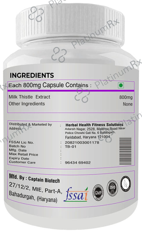 Fitness Prime Maximum Strength Milk Thistle Extract Nutritional Wellness Support 800mg Capsule