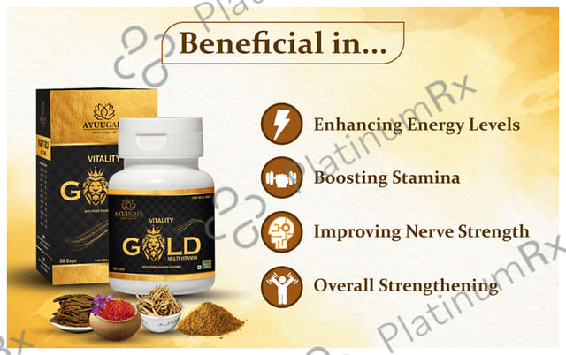 Ayuugain Vitality Gold Capsule Multivitamin For Energy, Stamina & Immunity Booster with Pure Swarna Bhasma for Men (60 Capsule) Capsule