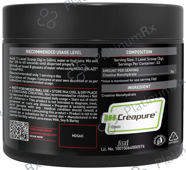 MuscleBlaze Creapro Creatine - With Creapure for Lean Muscles, Energy & Strength - Unflavoured