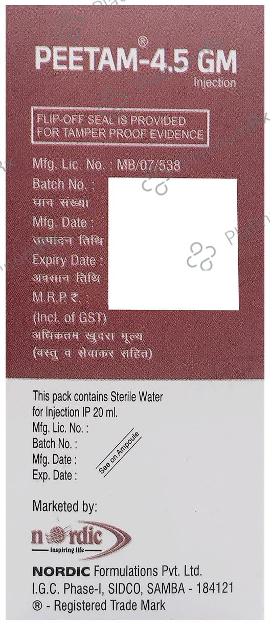 Peetam 4000/500mg Injection 1s