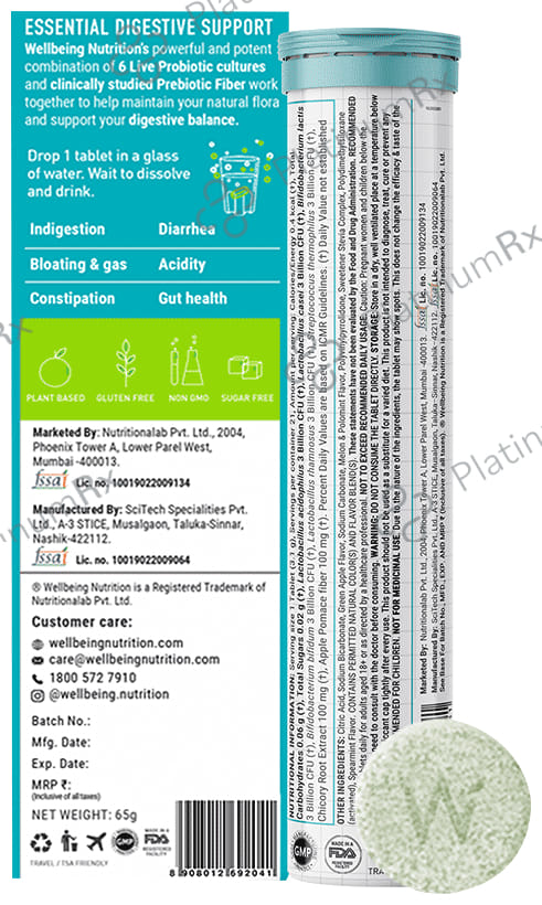 Wellbeing Nutrition Probiotic + Prebiotic Fibre with 18 Billion CFU - Effervescent Tablet for Gut Health - Flavour Green Apple & Mint 1 Bottle
