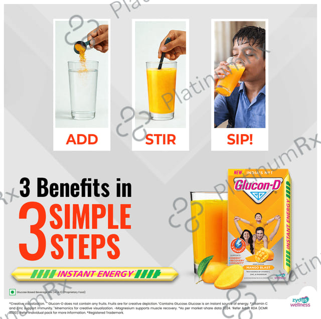 Glucon-D with Glucose, Calcium, Vitamin C & Sucrose - Flavour Mango Blast Powder