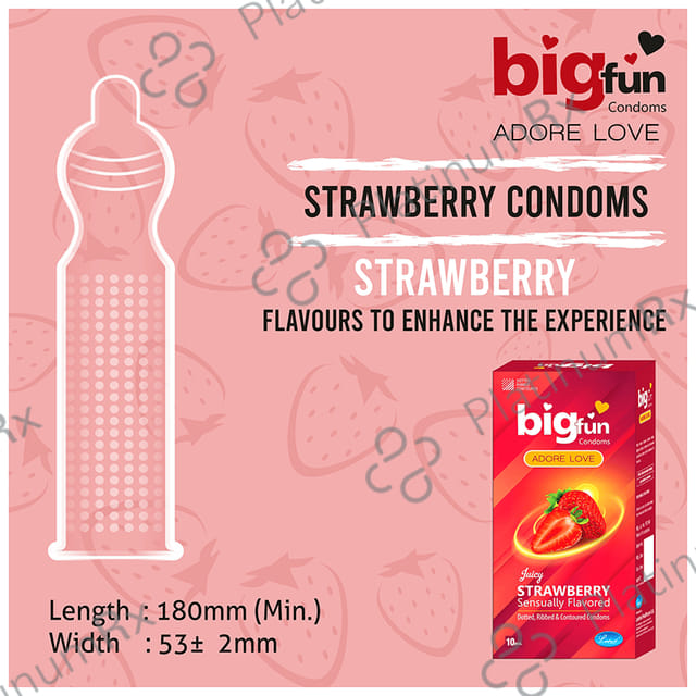 Bigfun Dotted, Ribbed & Contoured Juicy Strawberry Flavour Condom 10s