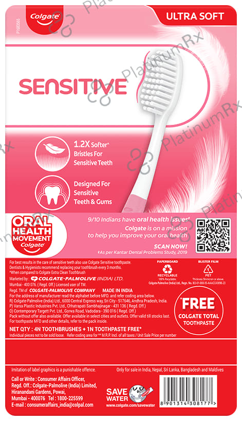 Colgate Gentle Sensitive Ultrasoft Toothbrush with 20gm Total 12 Toothpaste Free