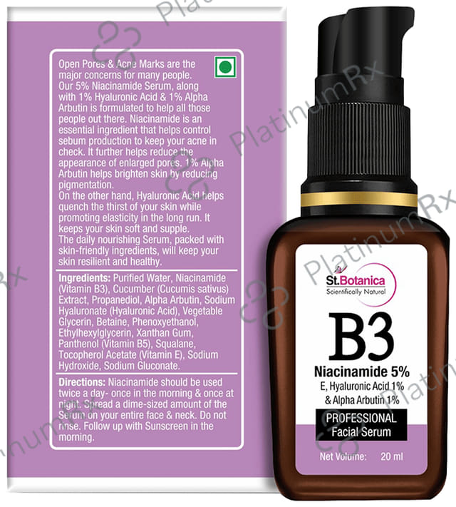 St.Botanica B3 Niacinamide 5%, E, Hyaluronic Acid 1% & Alpha Arbutin 1% Professional Facial Serum