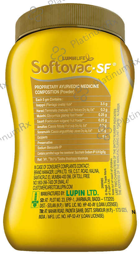 Softovac SF Bowel Regulator Eases Constipation Powder 250gm
