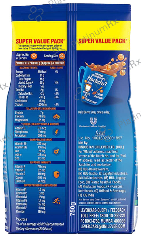 Horlicks Drink - Powder with Zinc, Vitamin C & D - Flavour Chocolate Delight 750 gm