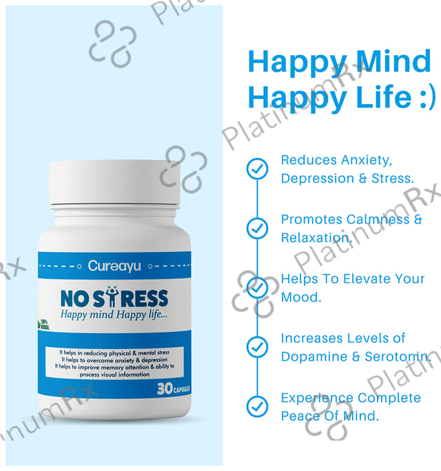 Cureayu No Stress Ayurvedic Capsule - For Improved Mental Health - Natural Stress Reliever - Calms Mind - Improves Anxiety & Depression - Potent Mood Enhancer - 100 % Herbal