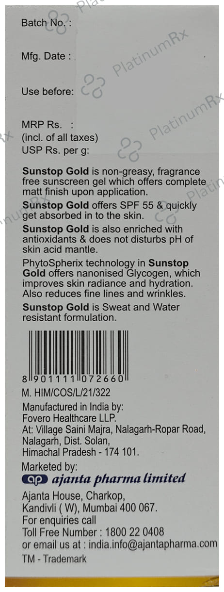 Sunstop Gold Sunscreen SPF 55 PA+++ Gel 50gm