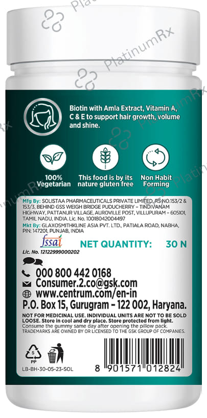 Centrum Healthy Hair Biotin+ with Biotin Vitamins & Minerals Strawberry Flavour Gummy 30s