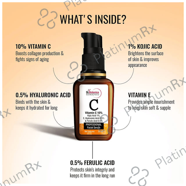 St.Botanica Vitamin C 10% + Kojic Acid 1% + E, Hyaluronic Acid 0.5% & Ferulic Acid 0.5% Professional Facial Serum