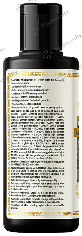 Khadi Organique Khadi Hair Oil 18 Herbs Paraben & Mineral Oil Free