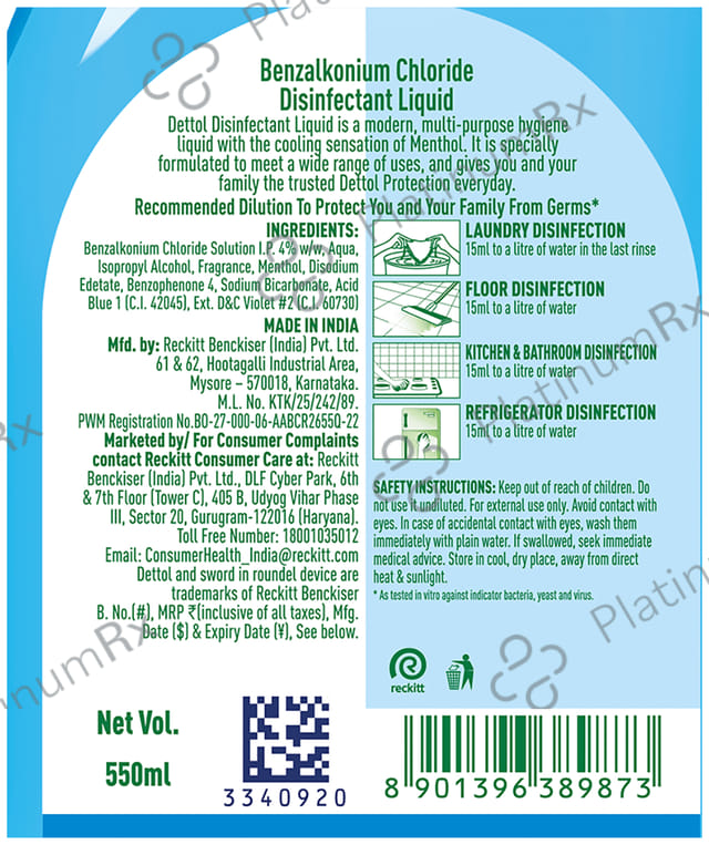Dettol Multi Purpose Disinfectant Menthol Cool Liquid 550ml