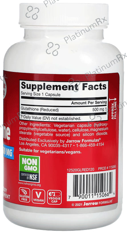 Jarrow Formulas Glutathione Reduced 500mg - Veggie Capsule for Antioxidant Support 120 vegicaps