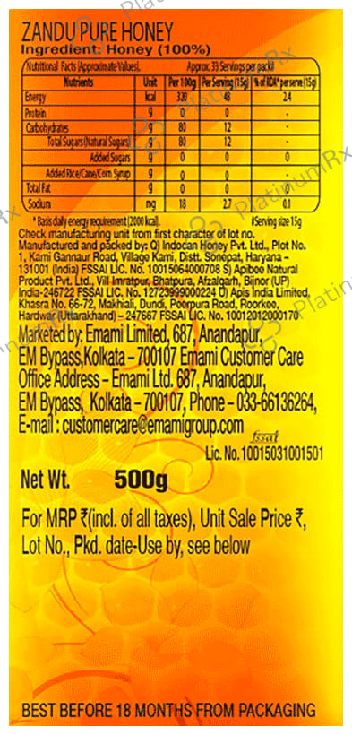 Zandu Pure Honey for Energy & Weight Management No Sugar Adulteration 500gm