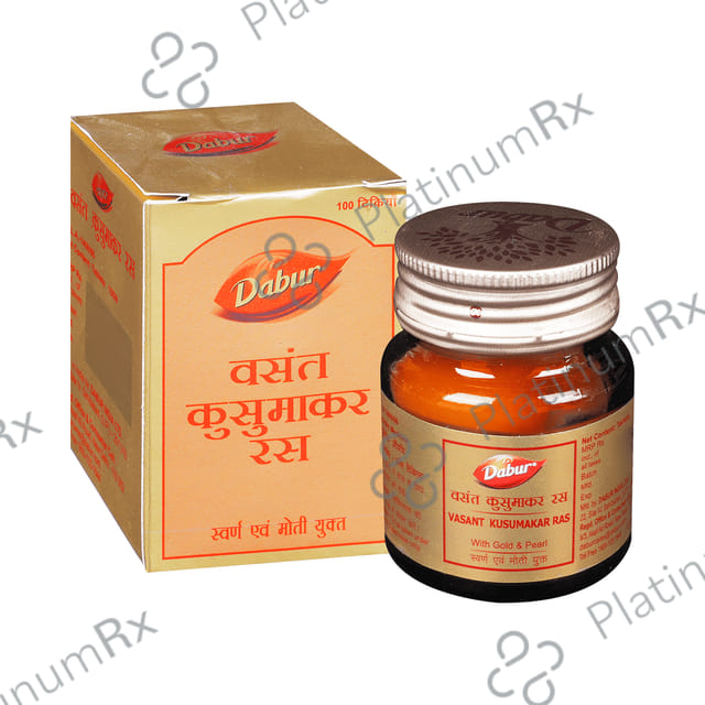 Dabur Vasant Kusumakar Ras with Gold & Pearl Tablet - For General Weakness, Heart Health, Immunity & Antioxidant Support 100 tablets