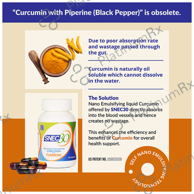 Snec 30 Liquid Turmeric Curcumin Capsule US Patent - Supports Joint, Heart & Brain Health 120 capsules