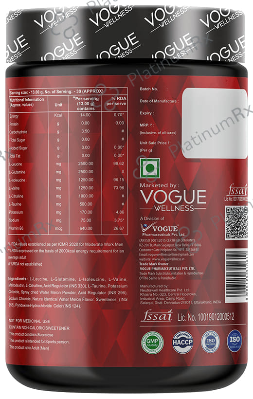 Vogue Wellness BCAA Powder (400gm Each) Watermelon 1 Jar