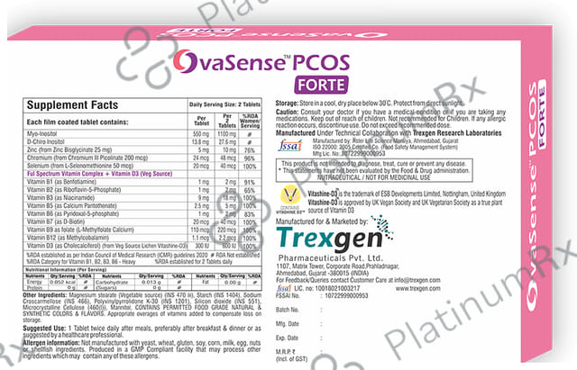 Trexgen OvaSense PCOS Forte with Myo-Inositol, Vitamin D3, Calcium, Zinc & Biotin - Tablet