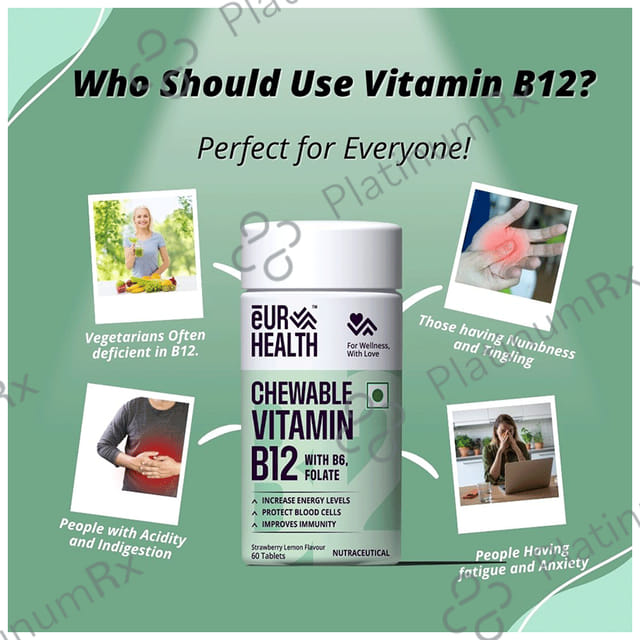 Eur Health Vitamin M B12 & Folate Chewable Strawberry & Lemon Flavour Tablet 60s