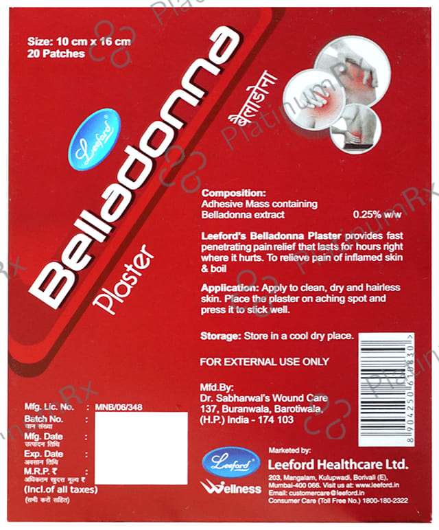 Leeford Belladonna Plaster for Aches & Pains 10cm x 16cm