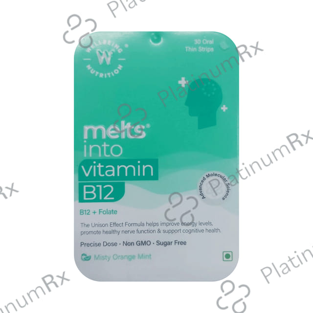 Wellbeing Nutrition Melts Into Vegan Vitamin B12 + Folate - Oral Thin Strip for Energy, Brain & Nerve Function - Sugar-Free - Flavour Misty Orange Mint