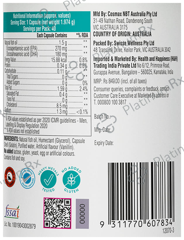 Swisse Ultiboost Odourless High Strength Wild Fish Oil 1500mg Omega 3 Capsule 40s