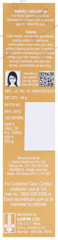 Sunhalt Gold Hydrating Sunscreen SPF 50 PA+++ Cream 60gm