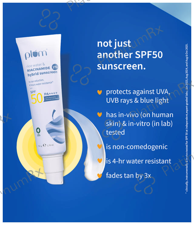 Plum 2% Niacinamide & Rice Water Hybrid Face Sunscreen SPF 50 PA+++ Cream 50 gm