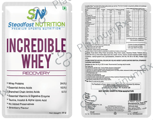 Steadfast Nutrition Incredible Whey Recovery Sachet (35gm Each) Strawberry 60 Sachets